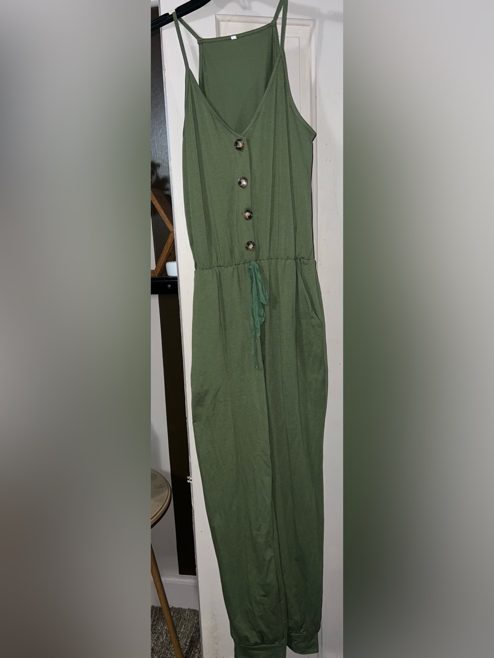 Amazon Olive Green Sleeveless Button-Front Jumpsuit
